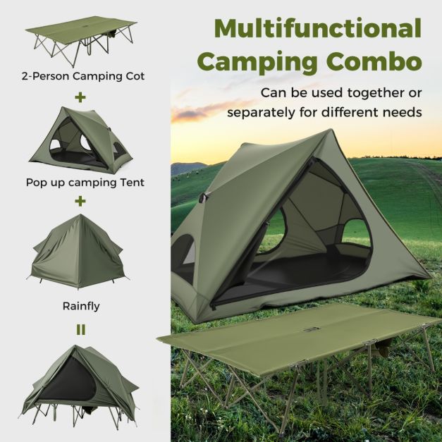 Coast Veldbed met tent voor 2 Personen - Campingbed 204 x 126 x 46 cm - Pop-up tent 204 x 128 x 105 cm - Waterdichte Oxford regenhoes - 2 netdeuren & ramen - Opbergtas met wielen - Groen