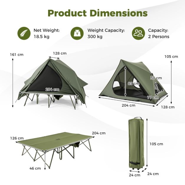 Coast Veldbed met tent voor 2 Personen - Campingbed 204 x 126 x 46 cm - Pop-up tent 204 x 128 x 105 cm - Waterdichte Oxford regenhoes - 2 netdeuren & ramen - Opbergtas met wielen - Groen