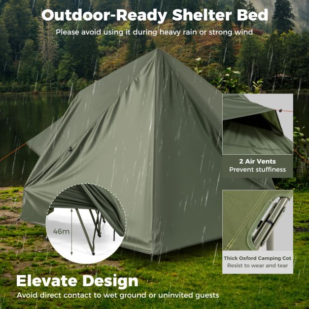 Coast Veldbed met tent voor 2 Personen - Campingbed 204 x 126 x 46 cm - Pop-up tent 204 x 128 x 105 cm - Waterdichte Oxford regenhoes - 2 netdeuren & ramen - Opbergtas met wielen - Groen