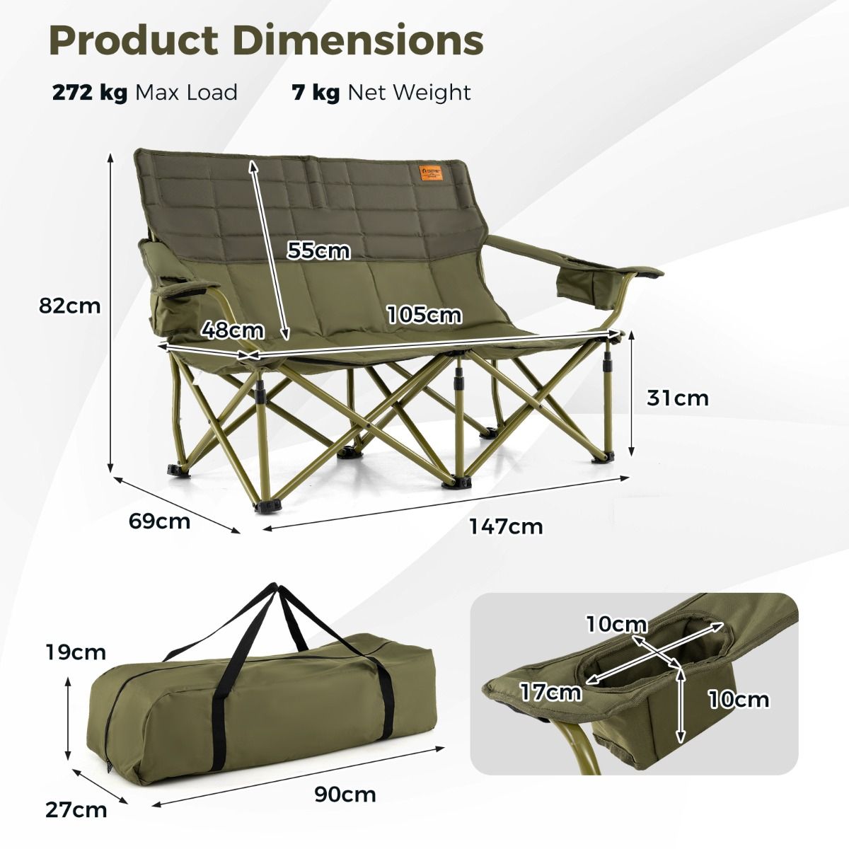 Coast Oversized Opvouwbare Campingstoel - Buitengebruik - 300 kg - 149 x 70 x 80 cm - Blauw