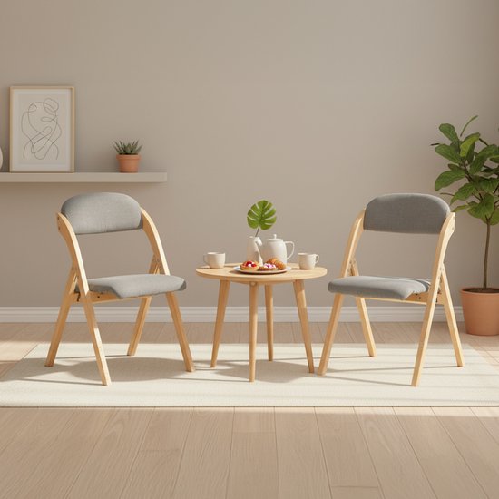 SoBuy Set van 2 Klapstoel, Bureaustoel met Gestoffeerd Zitkussen, Eetkamerstoel, Natuur/Grijs, 47.5x77x59 cm, FST92-Nx2 - voor eetkamer, balkon of kantoor