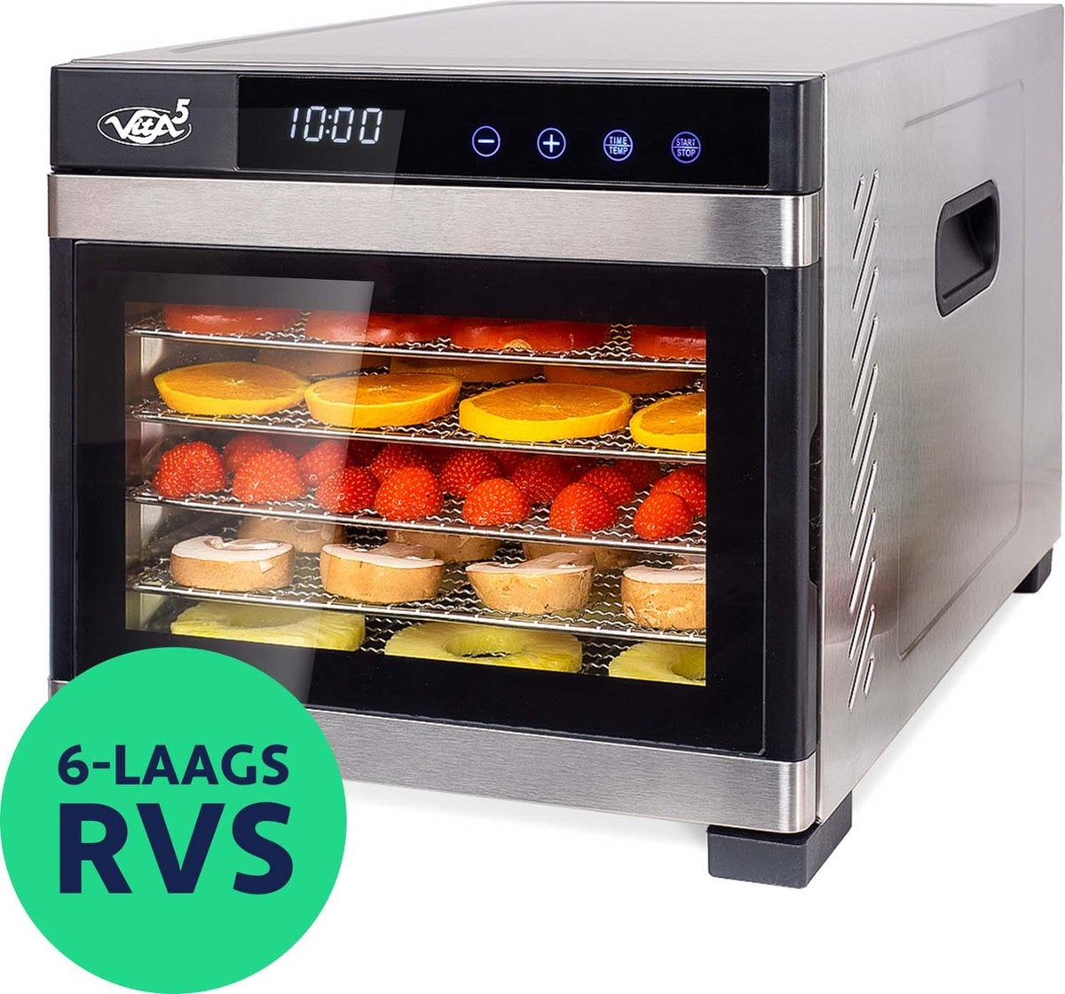 Vita5 Nobel Pro 6 Voedseldroger - Dehydrator 6 Laags - Droogoven RVS - 24-Uurs Timer - Led-bedieningspaneel - 650 Watt