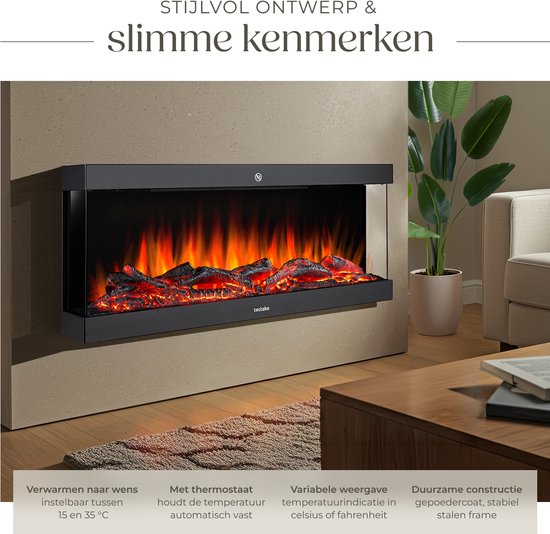 tectake® Wandhaard - Elektrische Haard - Sfeerhaard - 900W & 1800W - Bediening met Afstandsbediening of App - met Thermostaat - Kachel - met Verwarming - Haarden - met Hout en Gloeieffecten - 3D Vlammen - Timer - 9 Kleuropties
