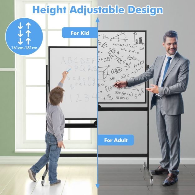 Coast Whiteboard – Dubbelzijdig & In Hoogte Verstelbaar – Incl. Accessoires – 126 x 53,5 x 160-180 cm – Wit