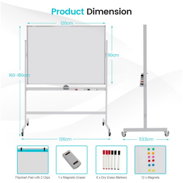 Coast Whiteboard – Dubbelzijdig & In Hoogte Verstelbaar – 126 x 53,5 x 180 cm – Wit