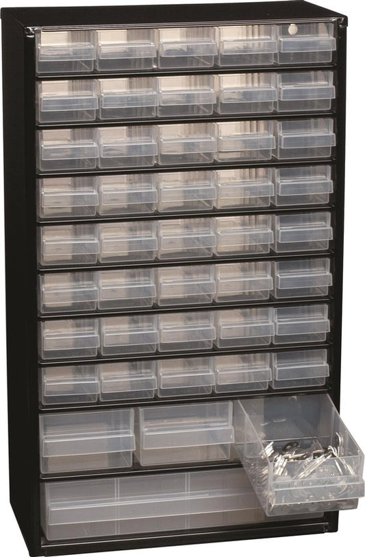 Raaco Ladekast met 44 lades - Metalen Assortimentskast - Opbergsysteem voor o.a. schroeven en bouten - Kan aan de muur bevestigd worden - Incl. 10 tussenschotjes - 150x510x303 mm