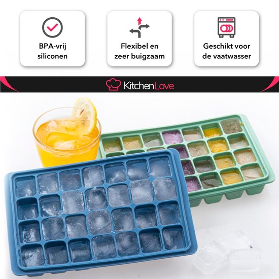 KitchenLove Siliconen IJsblokjesvorm met Deksel (2 Stuks) - 56 ijsblokjes - Vierkant - BPA Vrij - 100% Silicone - Groen & Blauw