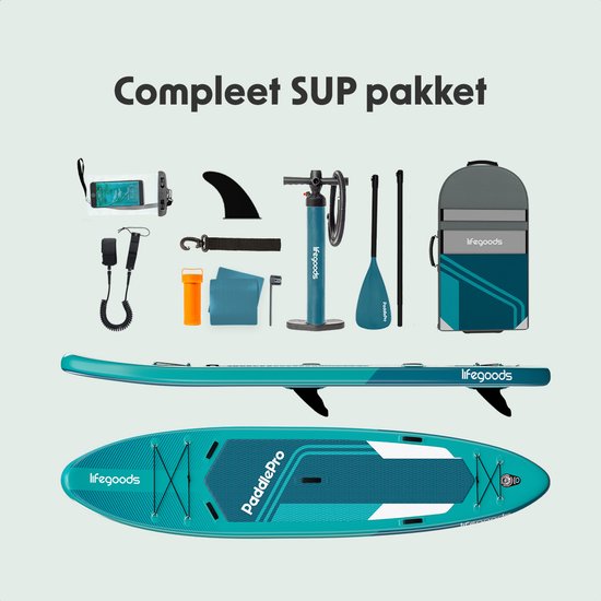 LifeGoods SUP Board Tandem - 2 Personen - 220 KG Draagkracht - 381 x 86 cm - Opblaasbaar - Compleet Sup pakket - Deep Aqua