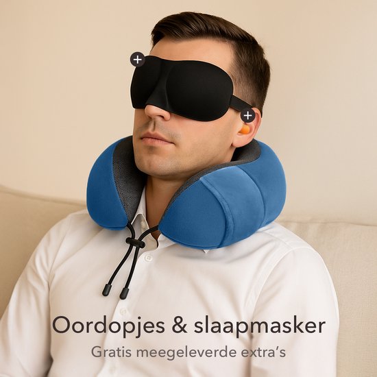 SC Travel Essentials - Nekkussen Set 3-delig - Ergonomisch Memory Foam Reiskussen met Oogmasker en Oordoppen - Ideaal voor Vliegtuig, Auto en Trein - Compact en Luxe - Navy