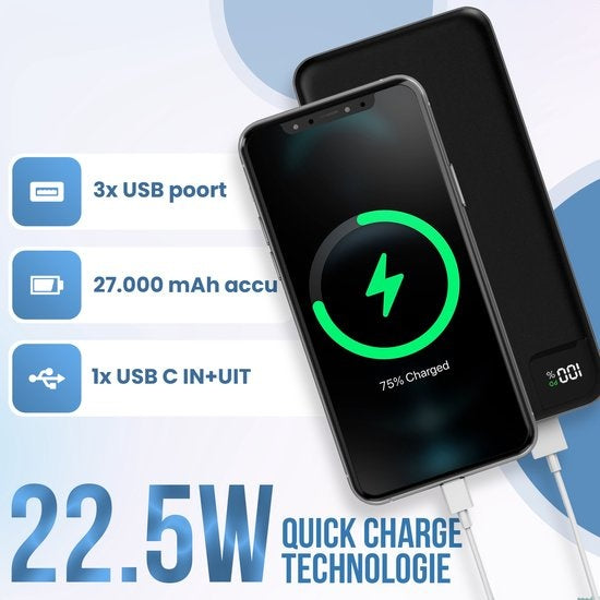Strex Powerbank – 4 Poorten, 27.000 mAh, 22.5W Snelladen – 16 x 7.4 x 2.5 cm – Zwart