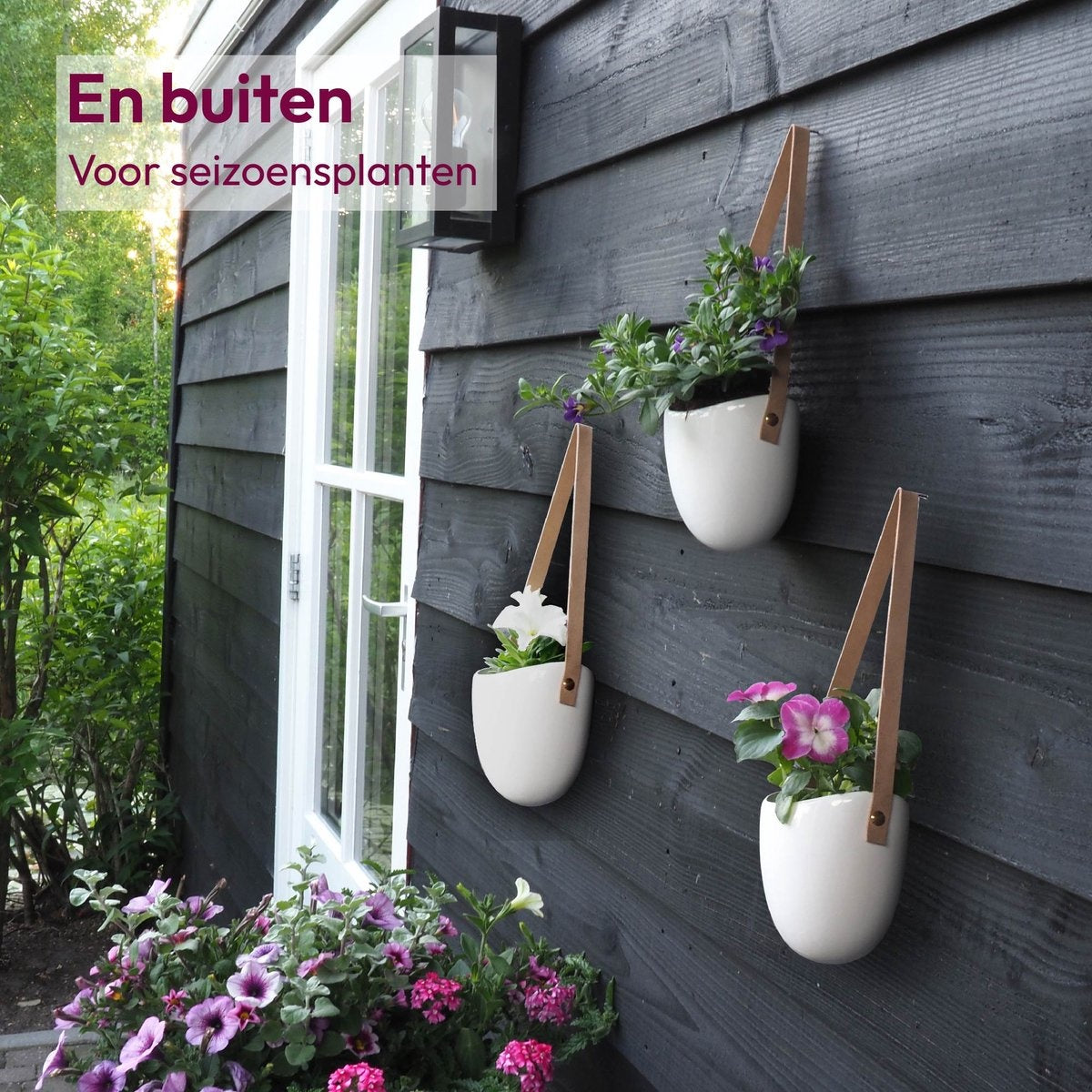 Gadgy Plantenhanger Keramiek – Set van 3 – Wit Steen- Hangpot – Hangende Bloempot Plantenpot - met 3 verschillende Koorden – 12 x 11 x 9.5 cm