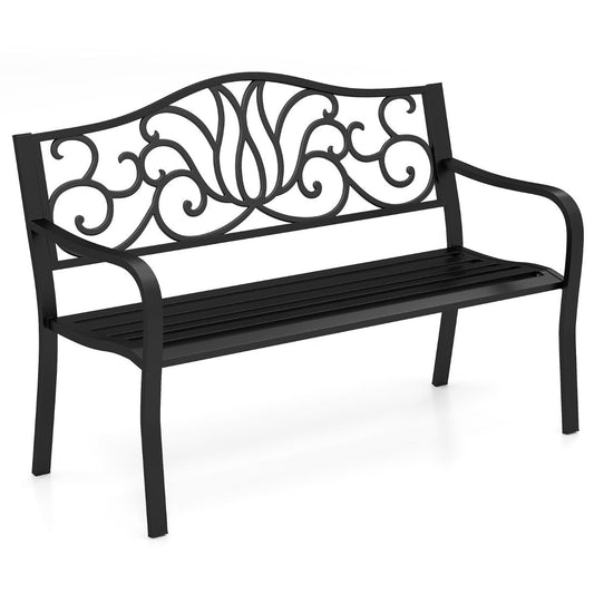 coast Tuinbank Zwart - Gietijzeren Rugleuning met Bloemenpatroon - 127 x 61 x 89 cm - 2-3 Persoons Terrasbank met Armleuningen