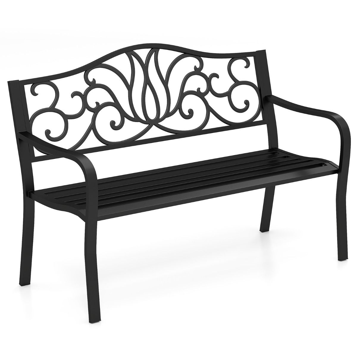 coast Tuinbank Zwart - Gietijzeren Rugleuning met Bloemenpatroon - 127 x 61 x 89 cm - 2-3 Persoons Terrasbank met Armleuningen