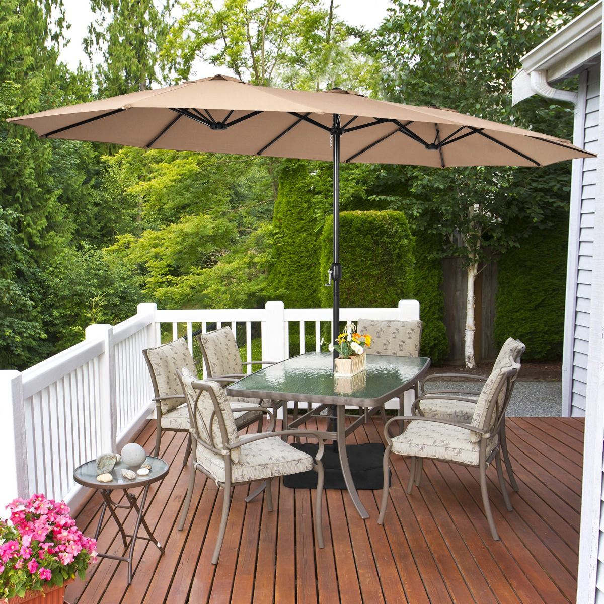 Coast 451,5 x 264 cm Dubbele Terrasparasol met Standaard – Bruin XXL Schaduwparasol voor Tuin, Terras en Zwembad