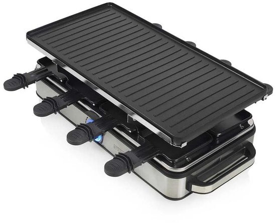 Princess Gourmetstel 162645 - Raclette 8 Personen - Regelbare thermostaat - 1400W - 2 meter snoer - Omkeerbare Bakplaat - 8 pannetjes - RVS