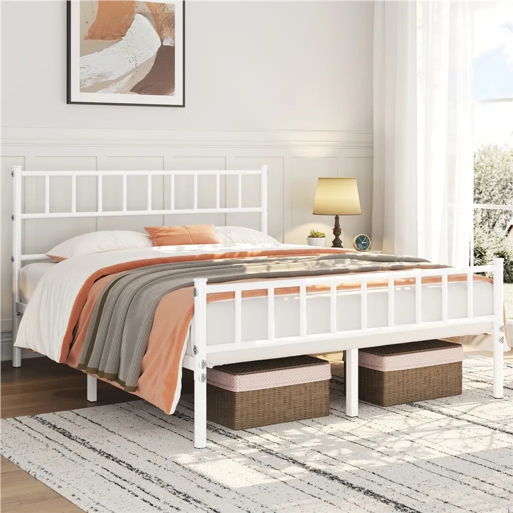 Yaheetech Metalen Bed 160 x 200 cm - Lattenbodem - Hoofdbord/Voetbord - Wit