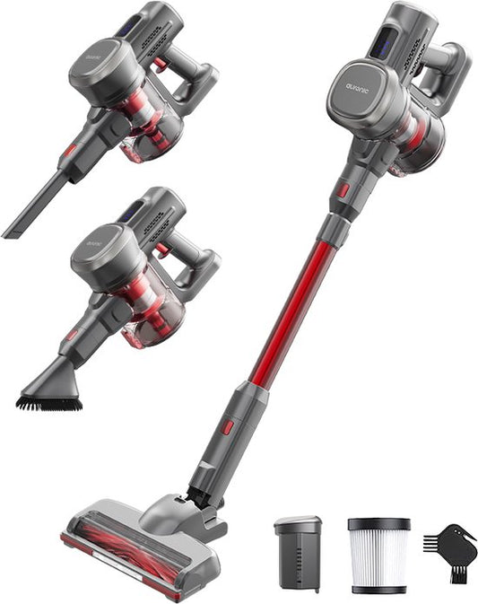 Auronic Steelstofzuiger Draadloos 220W - Draadloze Stofzuiger - HEPA Filter - Zelfstaand - Op Accu - Zonder Zak - Kruimeldief - Vacuum Cleaner - Grijs/Rood