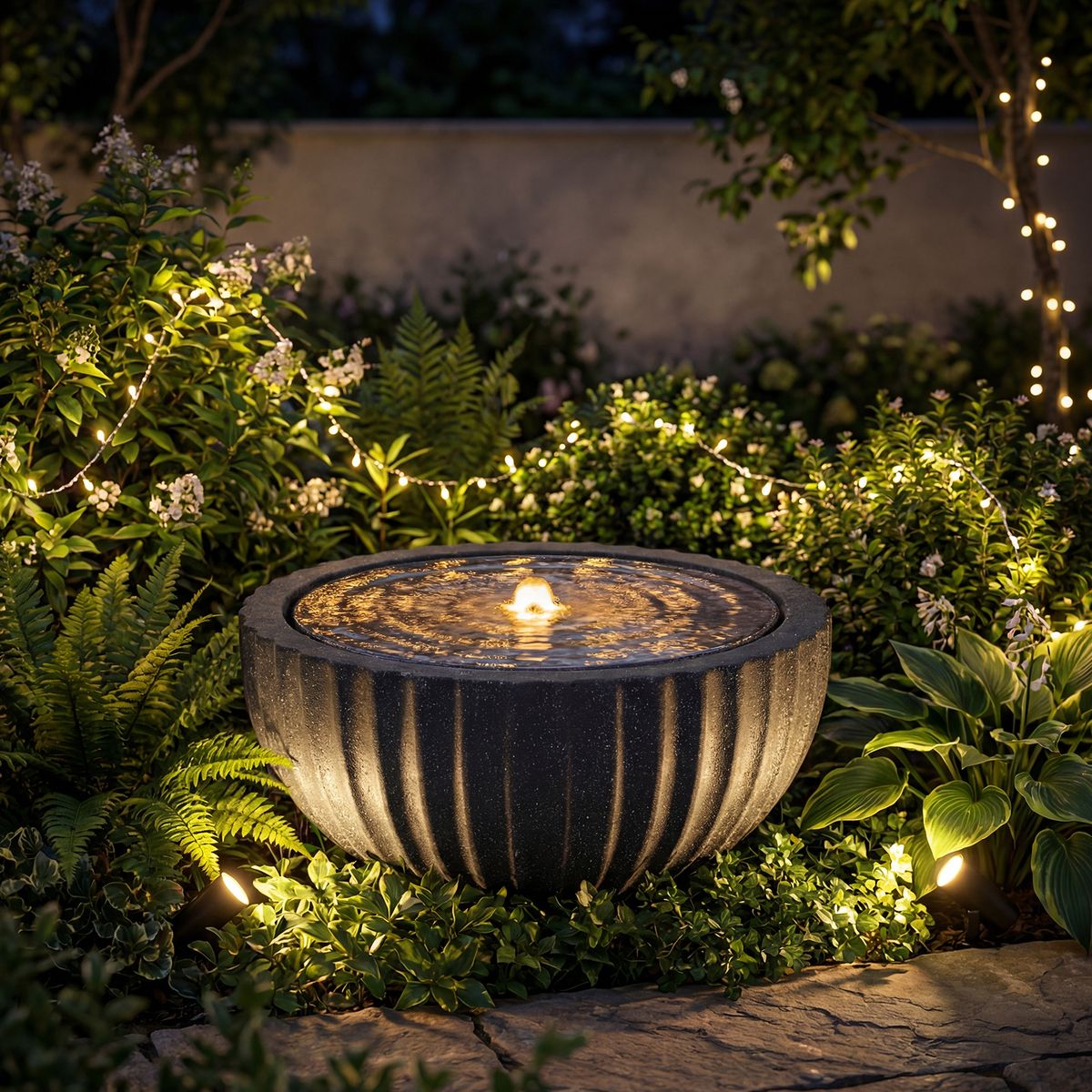 Coast Ronde Tuinfontein - met LED-verlichting - steenlook - 45 x 45 x 23,5 cm - zwart