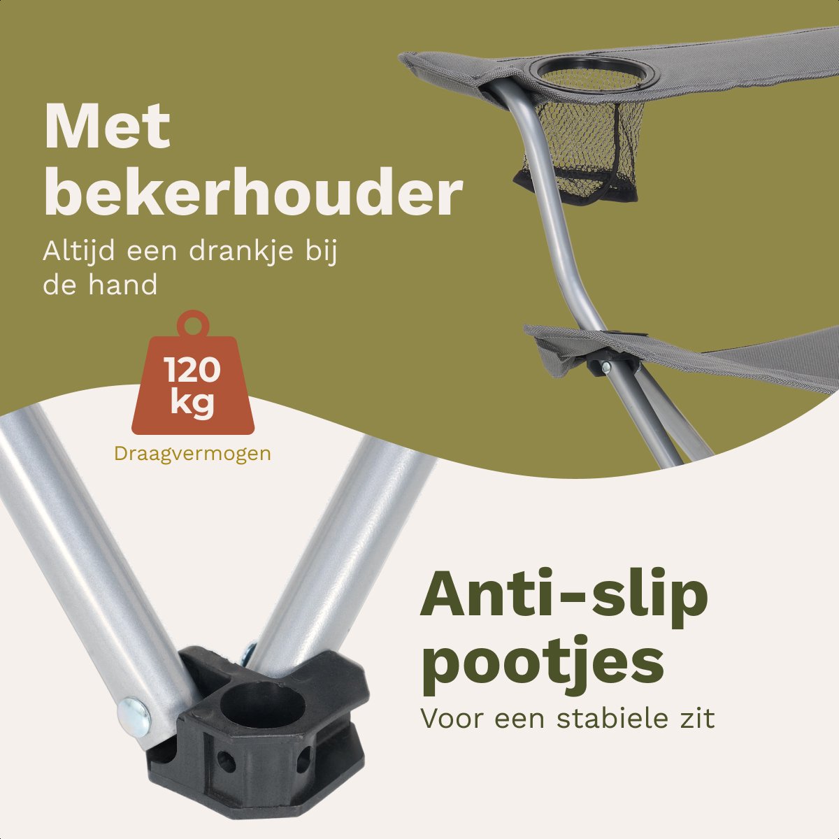 TRVLMORE Campingstoel - Opvouwbaar - 120KG Draagvermogen - Incl. Draagtas - Klapstoel - Visstoel - Kampeerstoel - Vouwstoel - Grijs