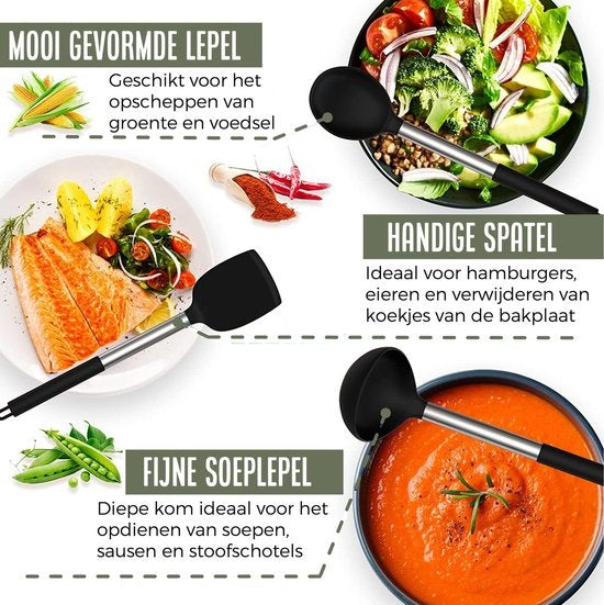 COOCK Keukengerei Set met Houder XL - Kookgerei Set 17 delig - Siliconen - BPA-Vrij & Plastic Vrij - Ophangbaar - Incl. Opener