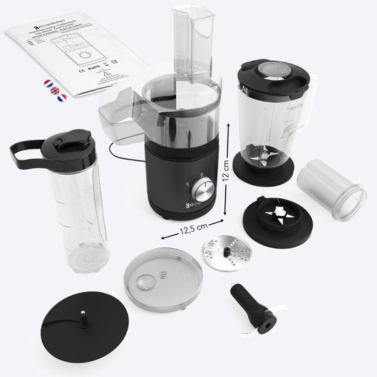 KitchenBrothers Foodprocessor - 5 in 1 Multifunctioneel Model - Hakmolen - Groentesnijder - BPA Vrij - 0,5L - Keukenmachine - Uiensnijder - Zwart