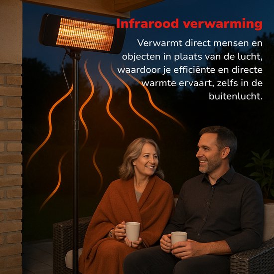 alpina Infrarood Verwarming Staand - Terras Heater 2000W 3 Warmtestanden - Spatwaterdichte Terrasheater IP24 met Infrarood Paneel