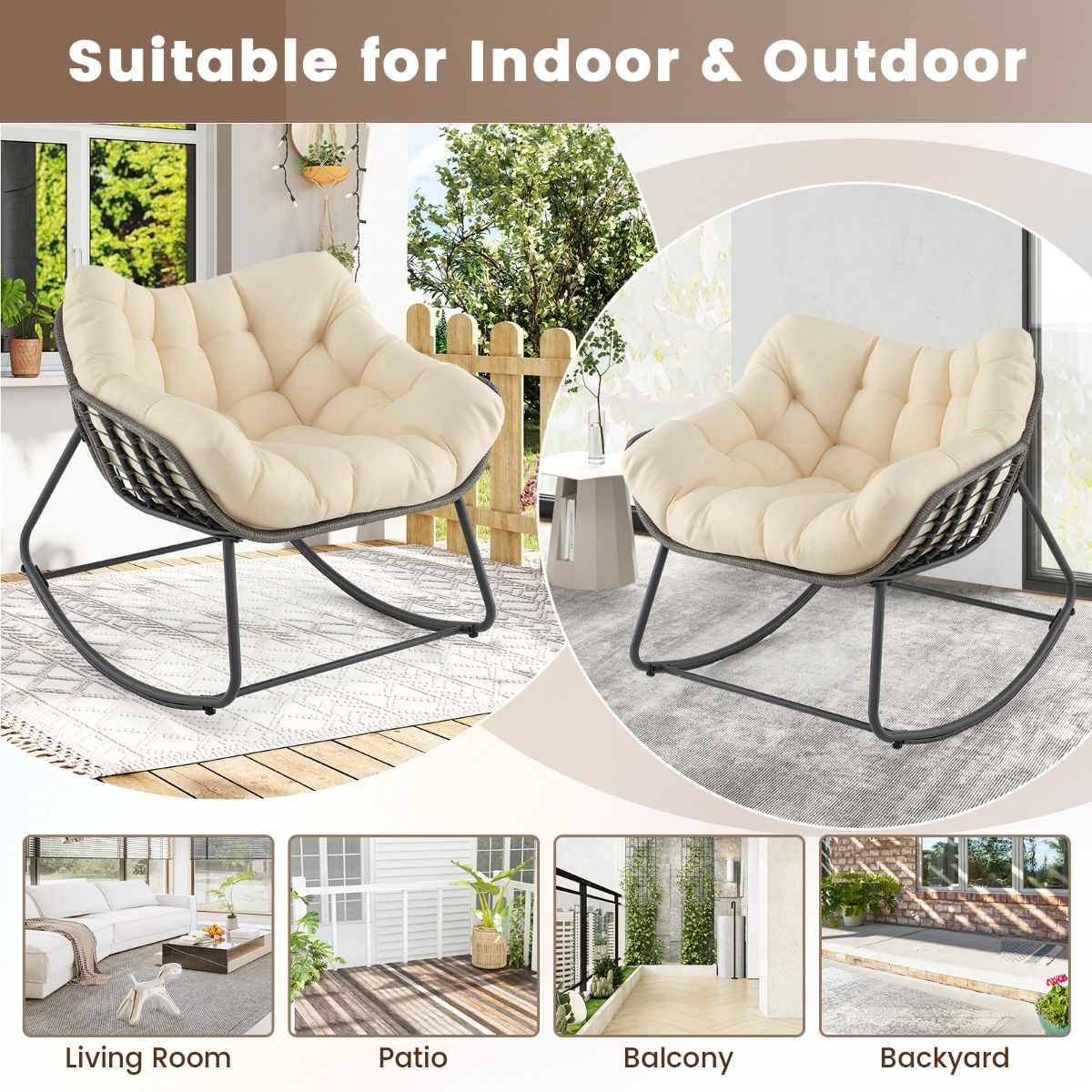 Coast Schommelstoel - extra groot - dik afneembaar kussen - beige en grijs