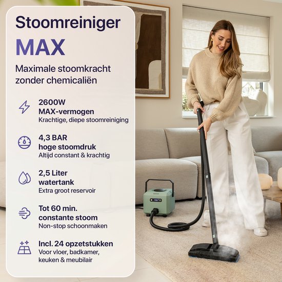 LUMAN Stoomreiniger MAX – 2600W - 60 min Stoomtijd - 2.5L Watertank – Handstoomreiniger & Tapijtreiniger - Groen