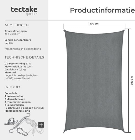 tectake® Rechthoekig Schaduwdoek Sunny - 3 x 5 m - Extra Stevig 185 g/m² HDPE Zonwering Doek - 50+ UV Bescherming - Weerbestendig en Scheurbestendig - Zonnescherm voor Tuin, Balkon, Terras - Zonnedoek inclusief Montagemateriaal - Grijs