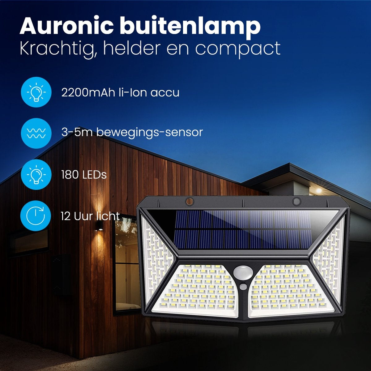 Auronic Solar Buitenlamp met Bewegingssensor - Tuinverlichting Op Zonne-energie - 180 LED's - IP65 - Zwart