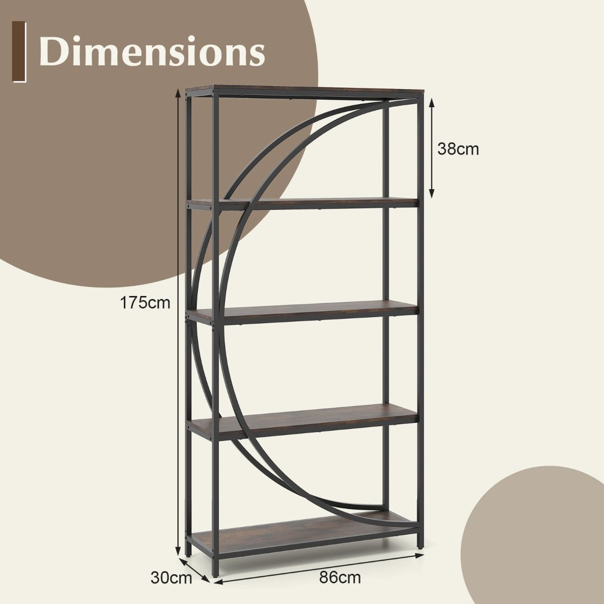 Coast Boekenkast met 5 Lagen - Gebogen Design - Metalen Frame - Bruin - 86 x 30 x 175 cm