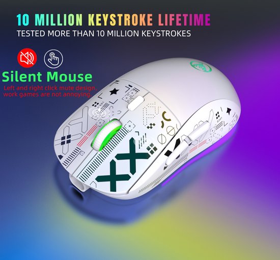 HXSJ T90 2.4G Stille Draadloze Gaming Muis - Bluetooth - Computermuizen - Ultra licht - RGB Verlichting - Wit