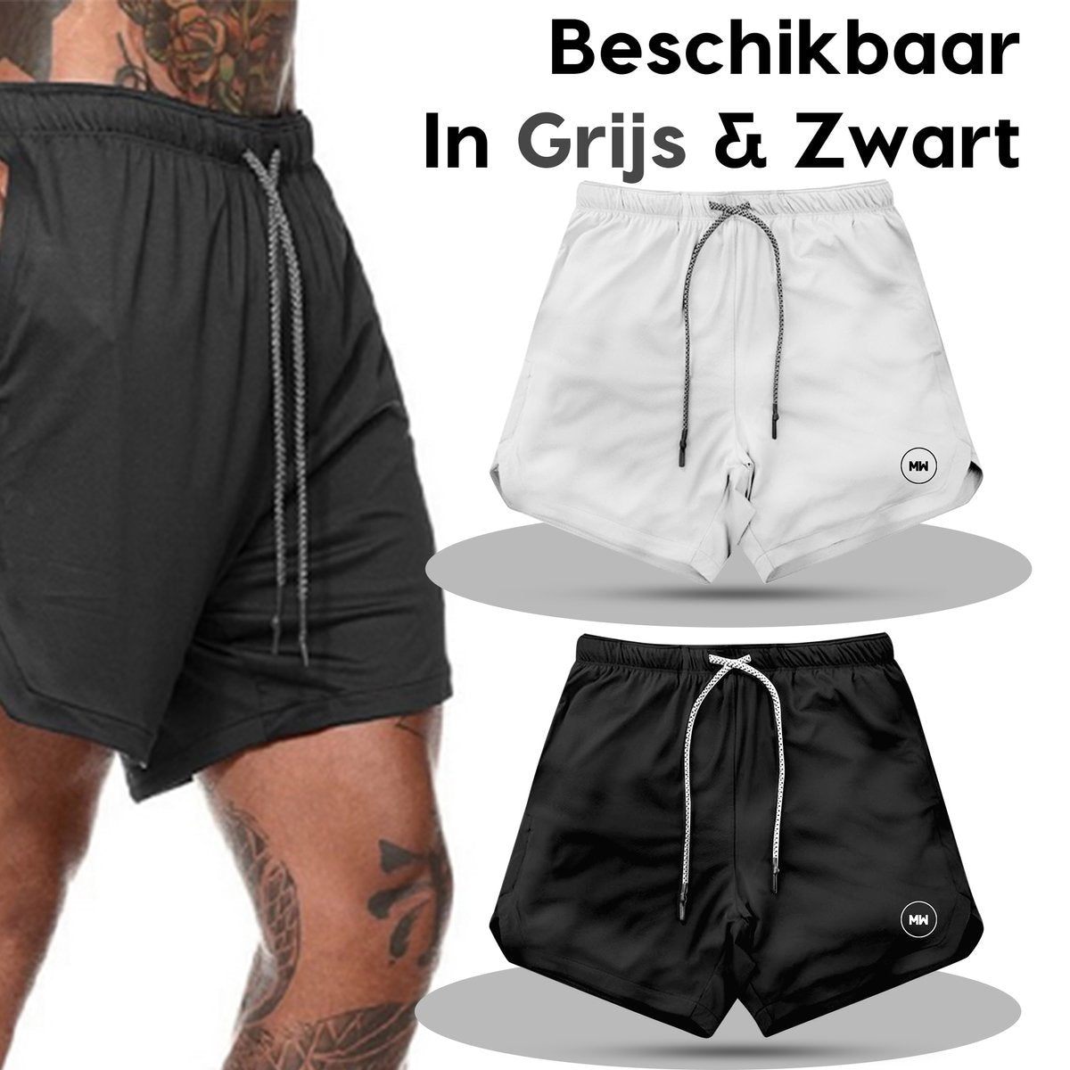 MW® - Sportbroek Heren - Fitnessbroek - Hardloopbroek - Sportkleding - 2 in 1 Shorts - (Zwart - L)