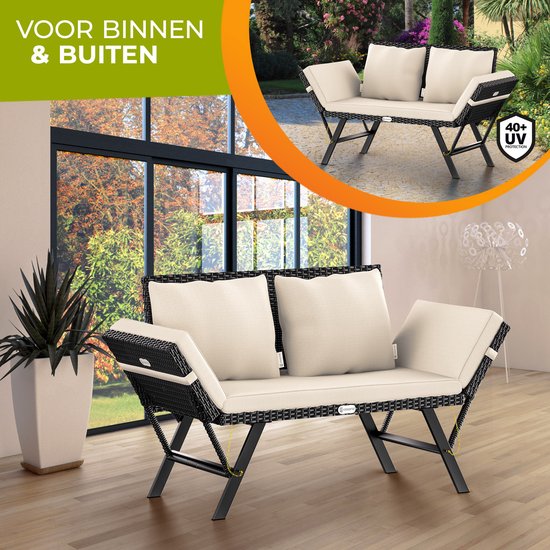 Casaria Polyrattan Tuinbank – 176 cm Verstelbaar Incl. Kussens – Zwart