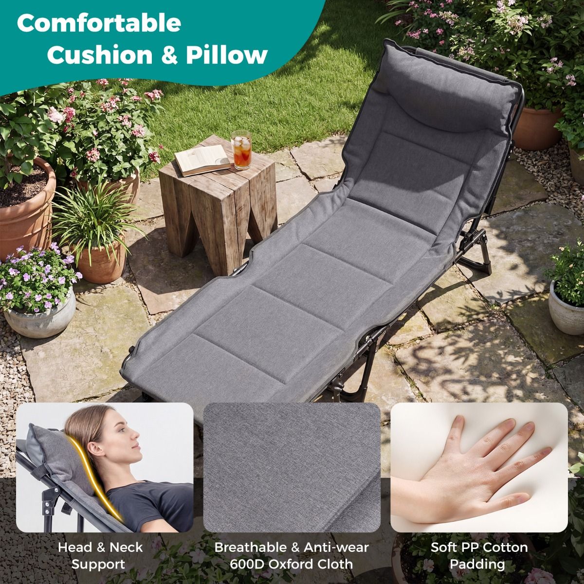Coast Opvouwbaar Campingbed 3-in-1 - verstelbare rugleuning - hoofdsteun - grijs en zwart