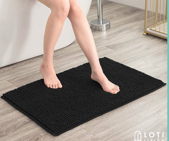 Loti Living Badmat Antislip – Douchemat – Badmat Badkamer – Vloermat - Chenille badmat - Zwart - 50x80 cm