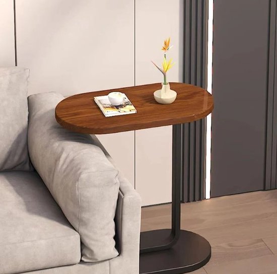 Bijzettafel - Bruin - Banktafel - Metaal met Hout - Koffietafel - C Shape - 45x28x60 cm