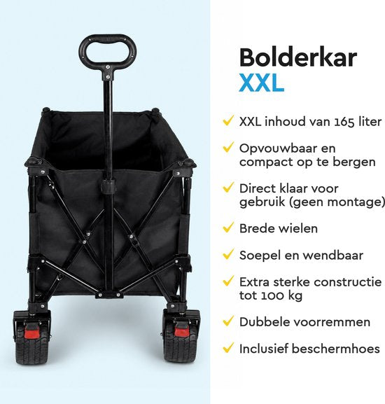 BRASQ Bolderkar Opvouwbaar - 165 Liter - 100 KG Draagkracht - Draaibare wielen mét rem - 90 x 52 x 110 cm - Verstelbare hendel - Inklapbare Bolderwagen - Zwart
