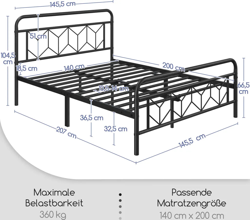 Yaheetech Metalen Bedframe Vintage met Opbergruimte, 140x200 cm, Zwart