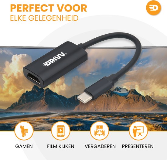 Drivv. USB C naar HDMI Adapter - Ondersteunt 4K 60Hz - Type C to HDMI - Thunderbolt 3 - Zwart