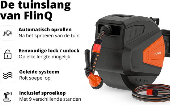 FlinQ Tuinslanghaspel 10 meter - Slanghaspel Automatisch - 180° draaibare Muurhaspel - Wandslangenbox met Tuinslang, Haspel en Sproeikop - 9 Sproeistanden
