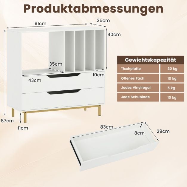 Coast Platenspeler Meubel Wit – Retro Vinylkast met 4 Platenvakken en 2 Lades – 91 x 36 x 87 cm