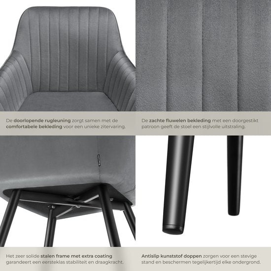 tectake®- Fluwelen stoel met gestikt patroon - Moderne eetkamerstoel - Kuipstoel - Woonkamer, eetkamer, lounge of kaptafelstoel - Div. kleuren - Grijs/zwart