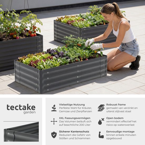 tectake® Verhoogde Plantenbak - 120 x 60 x 30 cm - 200 L - Plantenbakken voor Buiten - Kweekbak - Moestuinbak - Verzinkt Staal - Open Bodem - Kruidentuin - Tuinbak - Ergonomisch