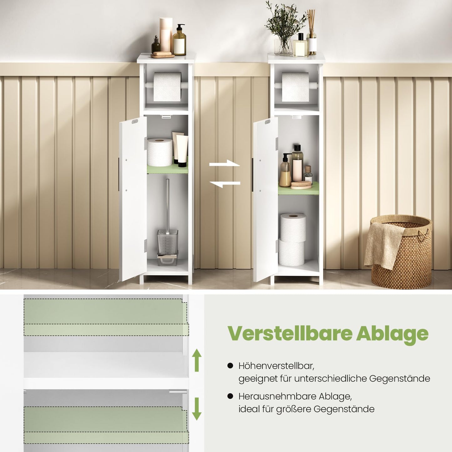 EUGAD 0229WY toilet kast badkamer kast - smal wit - verstelbare plank en toilet papier houder