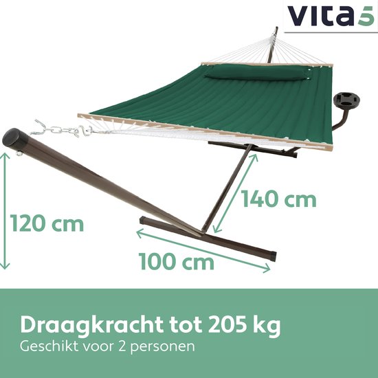 Vita5 Hangmat met Standaard en Spreidstok – 2 Persoons – incl. Bekerhouder - Afneembaar kussen – uv-bestendig – Groen