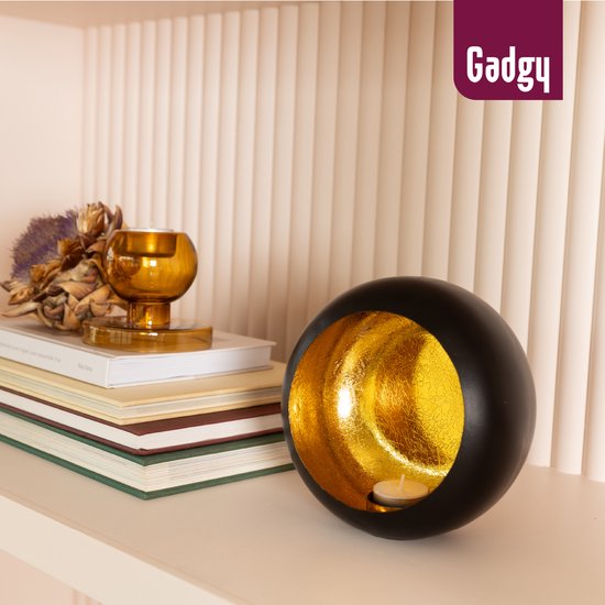 Gadgy Waxinelichthouder Rond - Theelichthouders - Kerst Decoratie Woonkamer - Sfeerverlichting Binnen - Kaarsenhouders voor Waxinelichten 17x17 cm - Windlicht Metaal - Zwart/Goud - Cadeau voor Vrouw