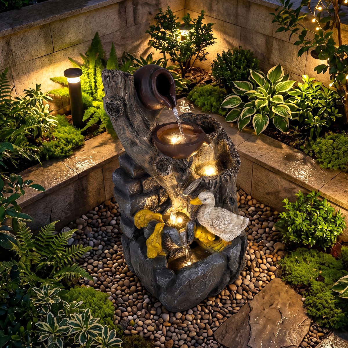 Coast Tuinfontein met eendenfamilie - 4-traps waterval - LED-verlichting - grijs - 30 x 27 x 57 cm