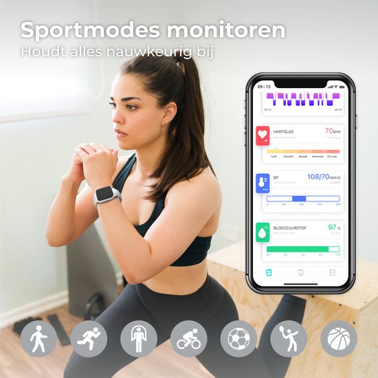 Nuvance - Smartwatch Heren & Dames met Bluetooth - 45mm - Geschikt voor alle Smartphones - Stappenteller en Hartslagmeter - Waterdicht - Grijs