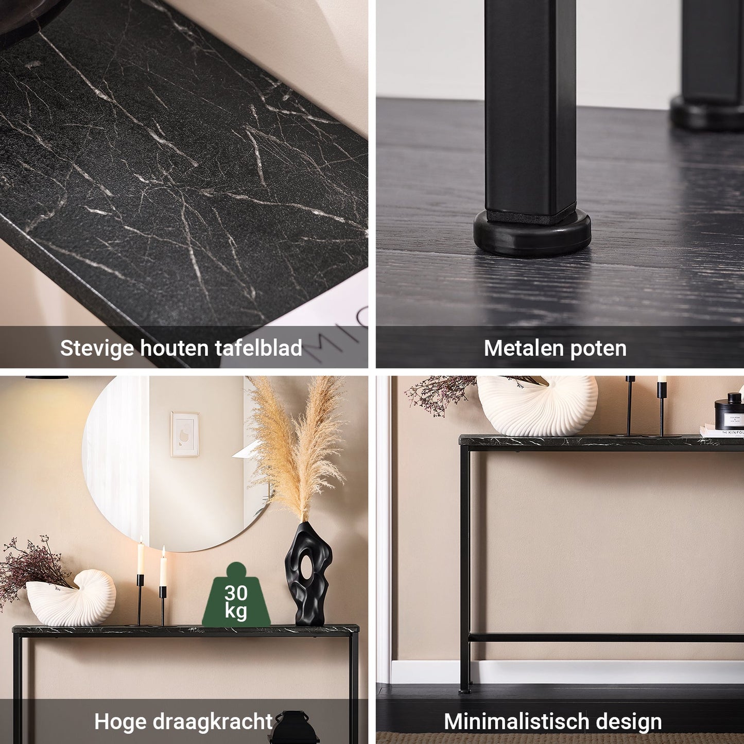 Sobuy Consoletafel FSB19 SCH Bijzettafel – 120 cm Lengte Met Marmerlook Blad En Zwart Metalen Frame En Vloerbeschermers – Voor Hal En Woonkamer – Hout En Metaal – 120 x 20 x 65 cm